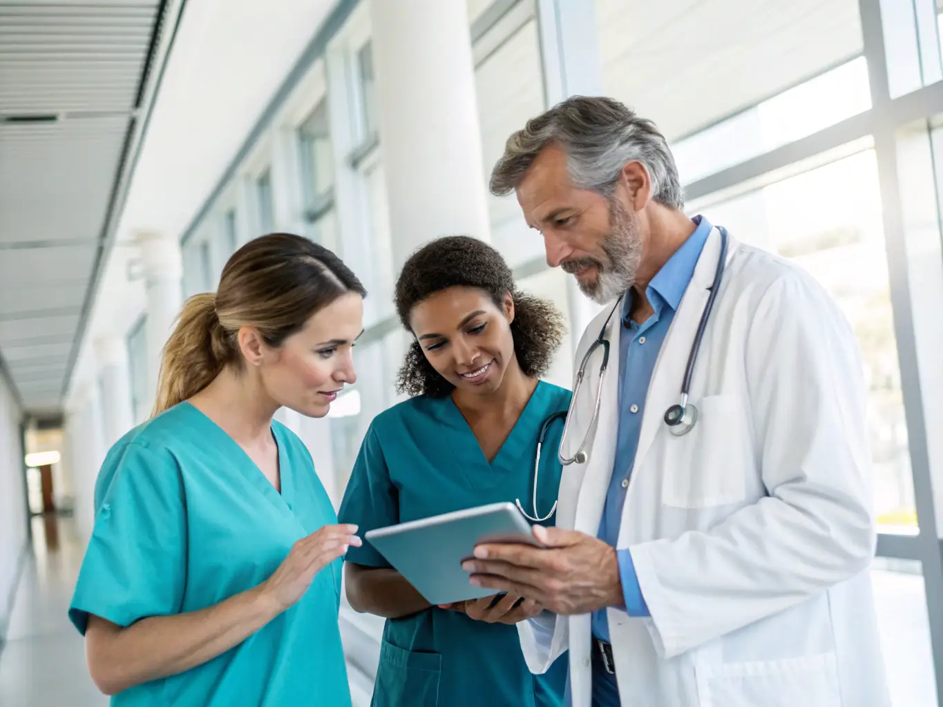 A stock photo of healthcare professionals discussing patient records in a modern hospital setting, emphasizing the importance of data privacy and secure information access.